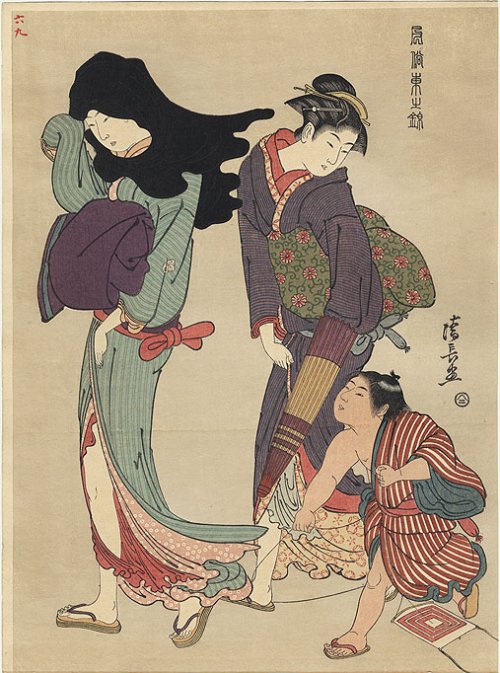 KIYONAGA, "The Entangled Kite String"
                (Green Kimono)