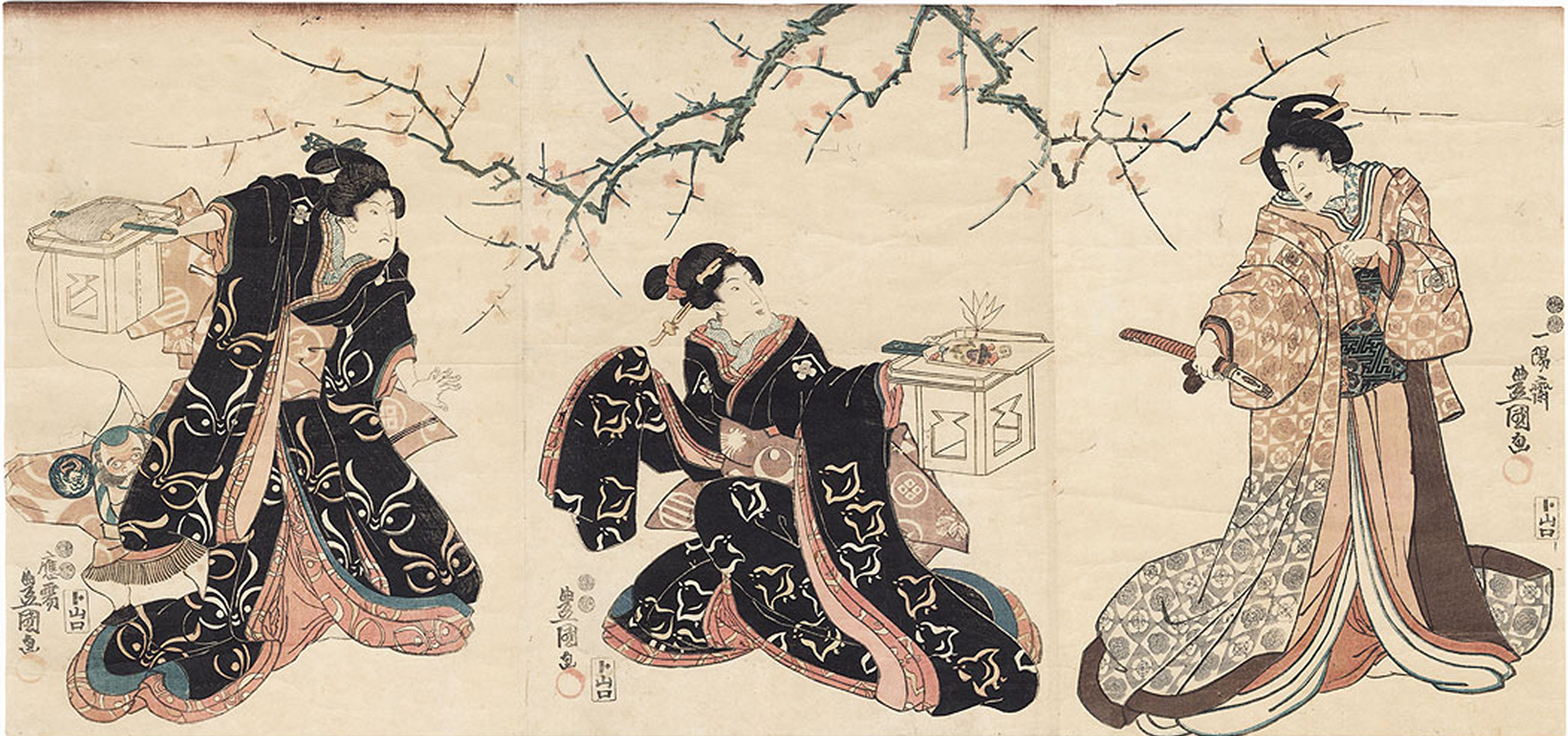 KUNISADA,
        "Beauties beneath a Plum Tree"