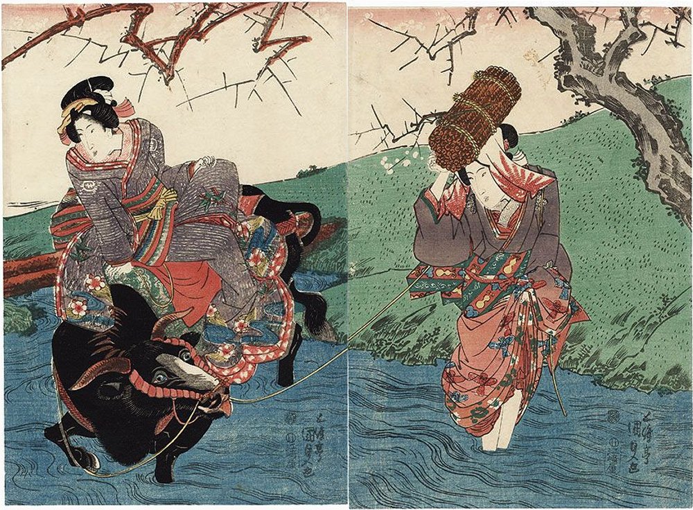 KUNISADA, "Crossing a Ford"